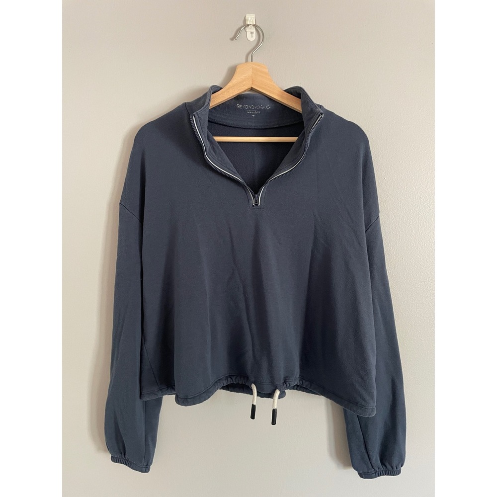 Beyond Yoga Quarter Zip Pullover Women M Blue Cropped Drawstring Athleisure